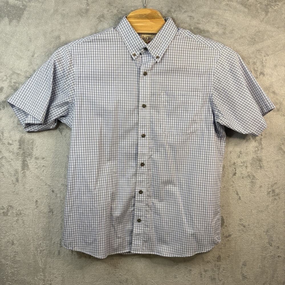 Red Head Shirt Mens Large Blue White Plaid Button Down‎ Short Sleeve Bass Pro